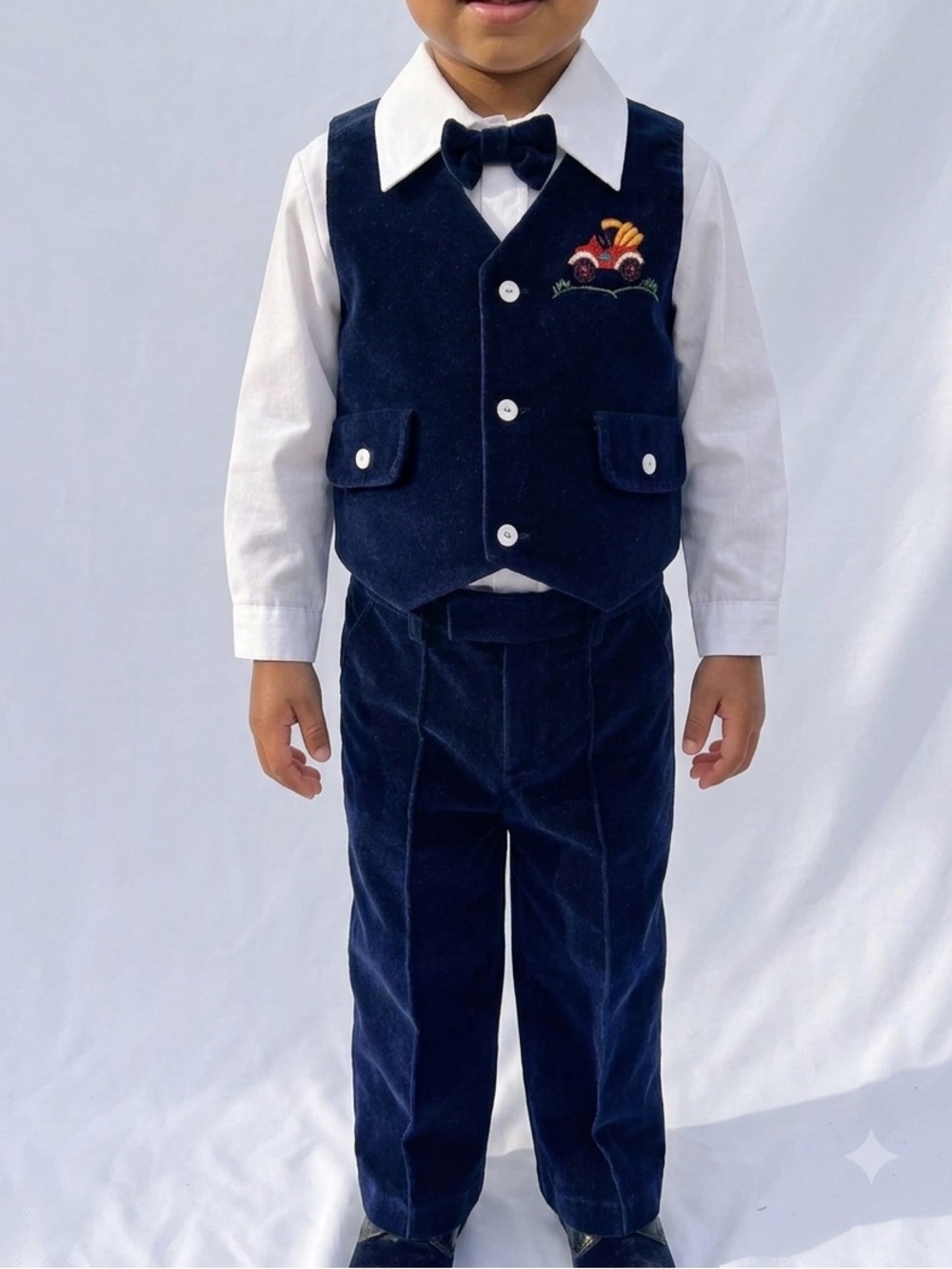Vintage 1980s Toddler Velvet Suit Set Navy Blue Antique Car 2T Formal